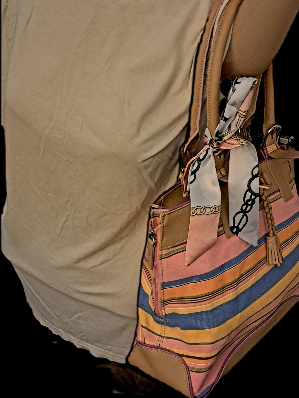 Franklin Covey NWOT Stripe Cotton Canvas Tote Bag Tan Leather, Change Purse Key